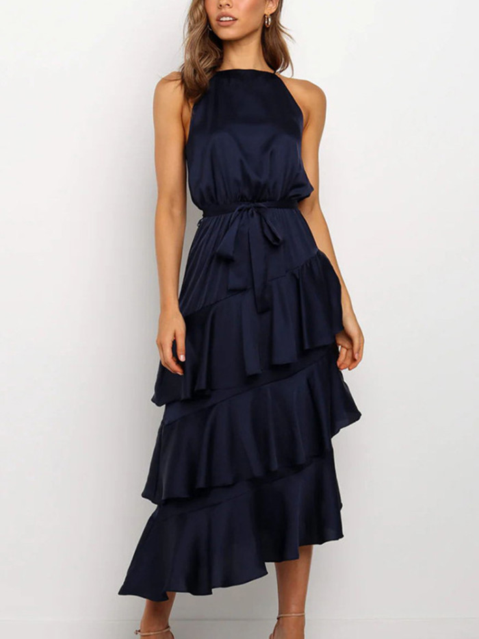 Ruffle Fashion Solid Color Sleeveless A-Line Elegant Fit Party  Maxi Dress