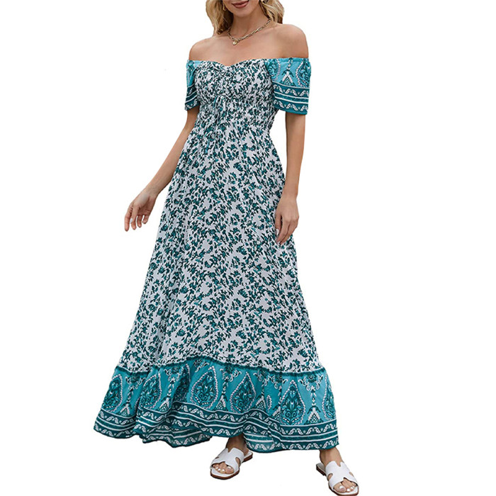 Women Bohemian Floral Print Short Sleeve Ruffle Beach Maxi Dress