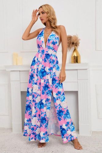 Women's Elegant Beach Floral Sleeveless Pocket Casual Loose Maxi Dress