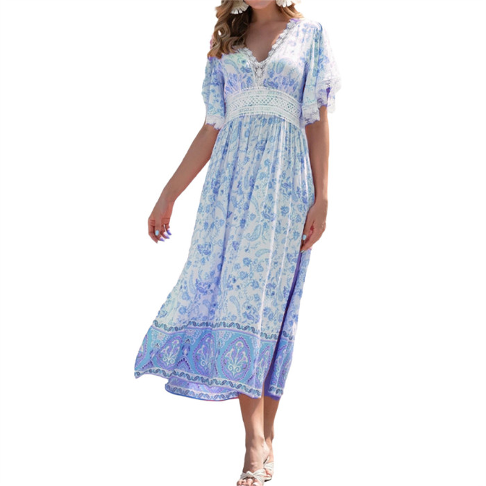 Women's Boho Swing Elegant Slit V Neck Lace Floral Party  Maxi Dress