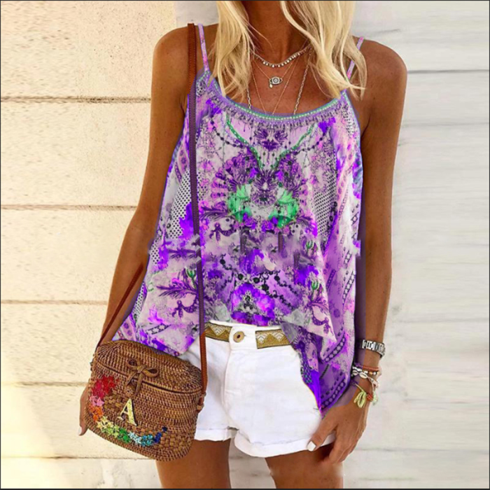 Ethnic Vintage Floral Print Cotton Top O Neck Sleeveless Boho Relaxed Loose Blouses