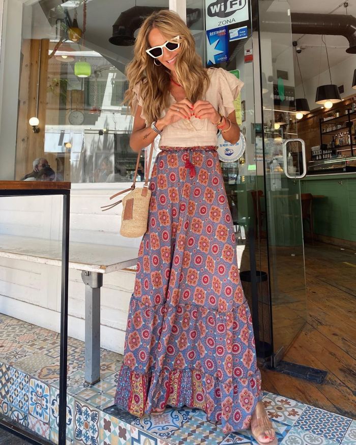 Boho Tie Tassel Print Elegant High Waist Casual A-Line Beach  Skirts