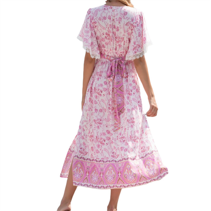 Women's Boho Swing Elegant Slit V Neck Lace Floral Party  Maxi Dress