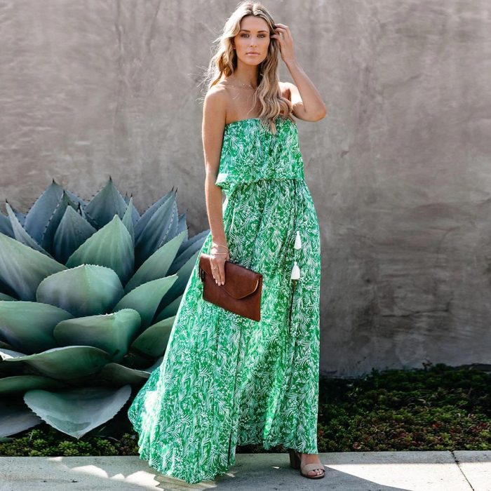 Fashion Print Ruffle Backless Slit Summer Beach Casual  Maxi Dress