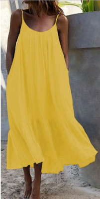 Fashion Ruffle Solid Color Beach Sleeveless Loose  Casual Dress