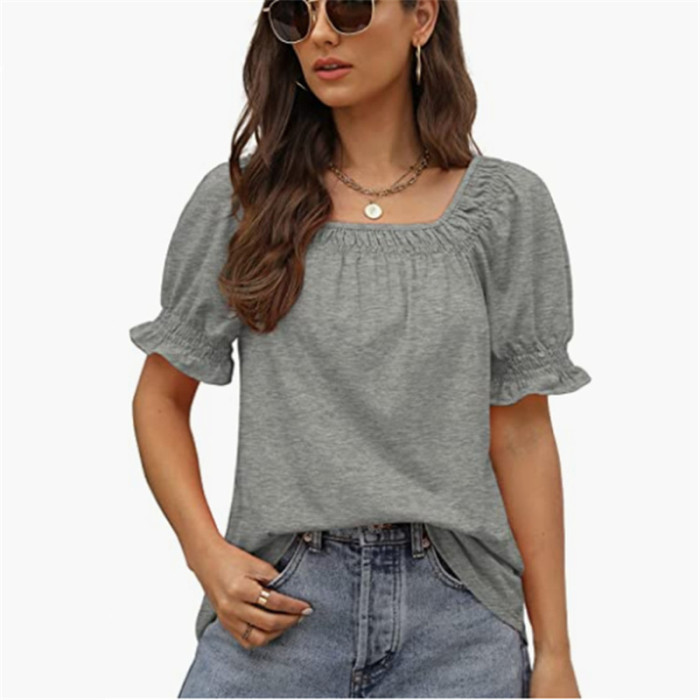 Women's Square Neck Ruffle Casual Loose Solid Color T-Shirt