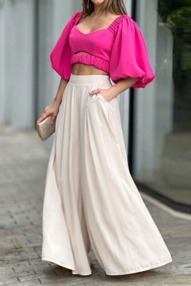 Women's Temperament Pure Color Puff Sleeve Top Wide Leg Pants Fashion Casual  Two Pieces