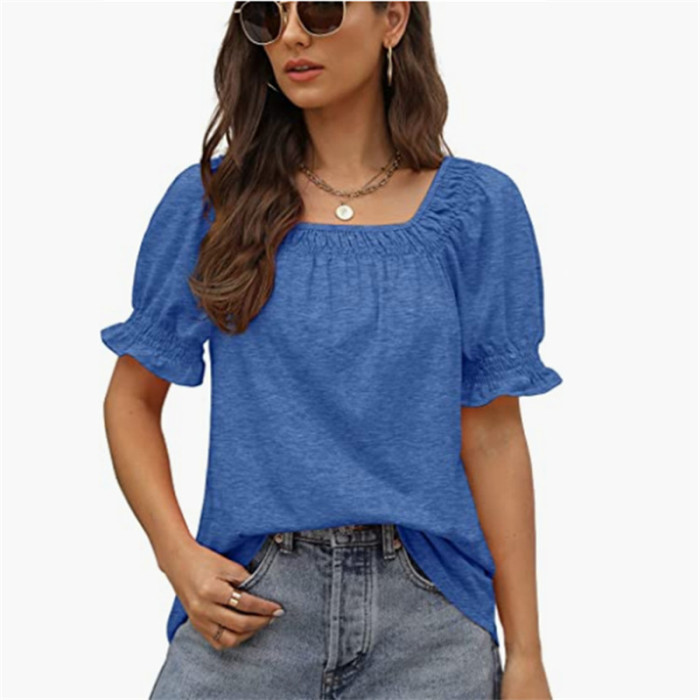 Women's Square Neck Ruffle Casual Loose Solid Color T-Shirt