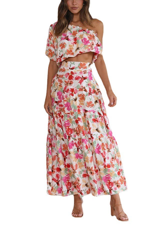 Summer Women's Fashion Printed Two-Piece Suit Top + Dress