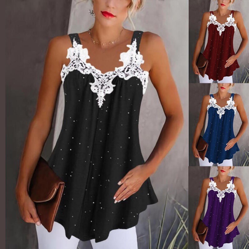 Women's Sexy V Neck Lace Sleeveless Loose Casual Fashion Solid Color T-Shirt Top