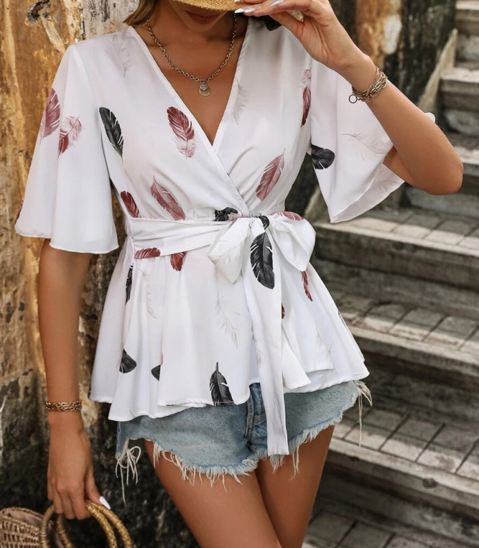 New Print Casual Fashion Lace-up Blouse