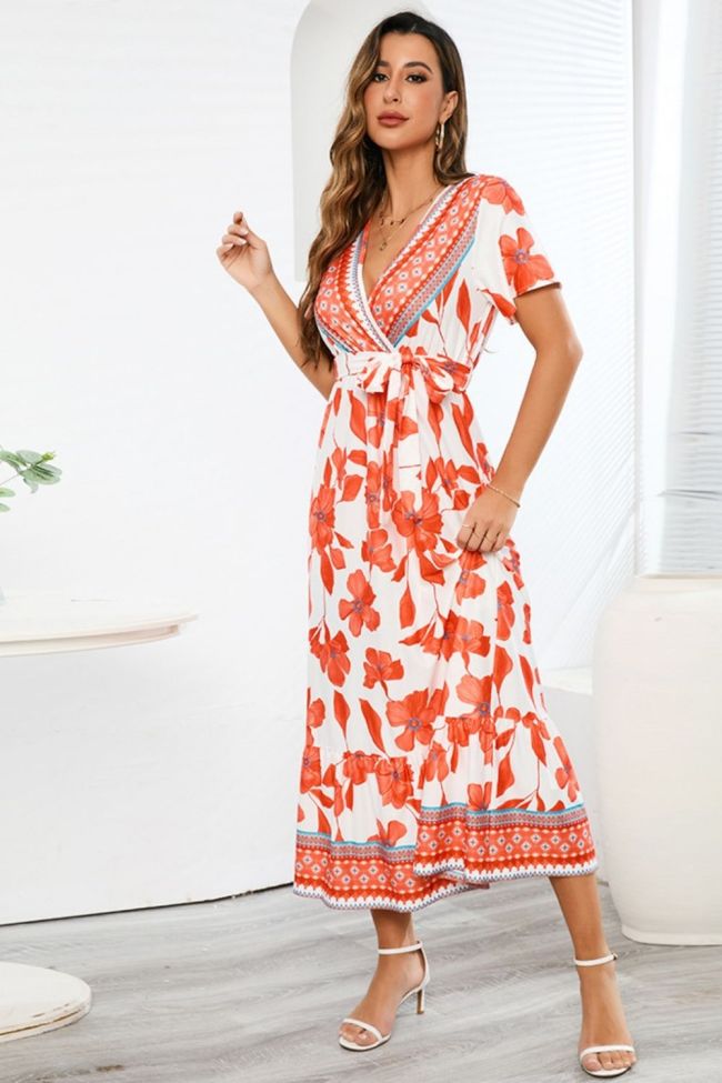 Women's Fashion Casual Retro Sexy Deep V Neck Bohemian Print  Maxi Dress