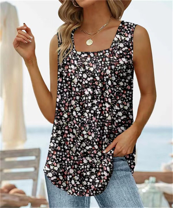 Elegant Print Sleeveless Square Neck  Casual Loose Vest T-Shirts