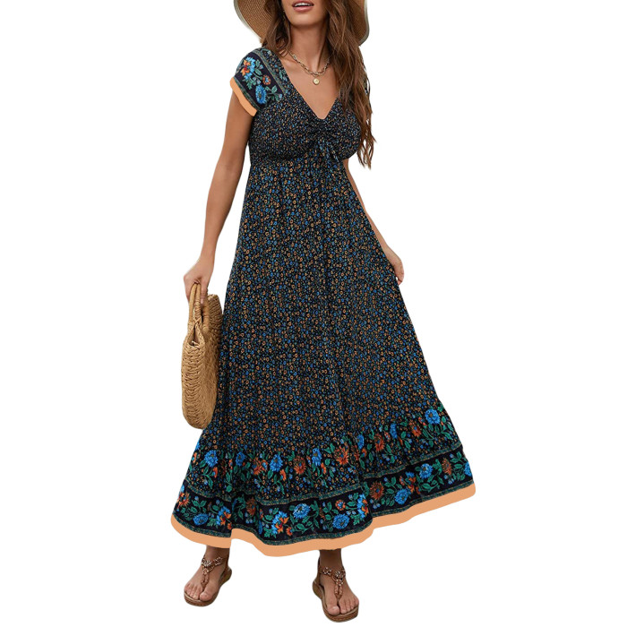 Women Bohemian Floral Print Short Sleeve Ruffle Beach Maxi Dress