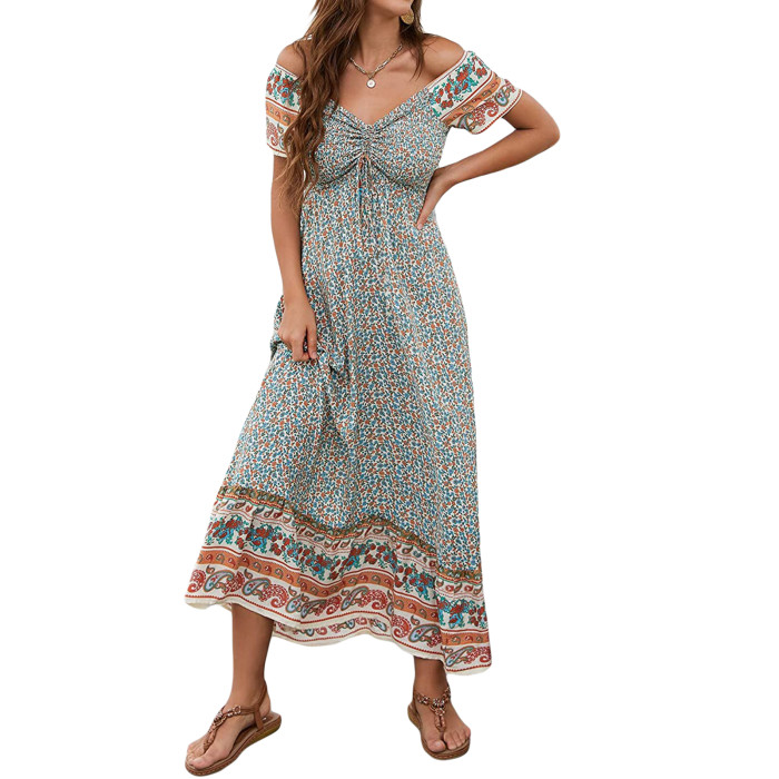 Women Bohemian Floral Print Short Sleeve Ruffle Beach Maxi Dress
