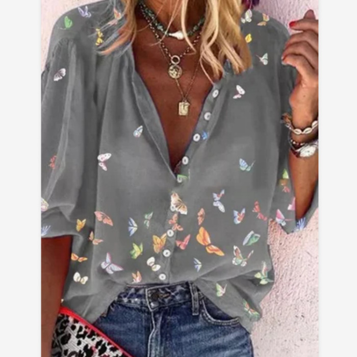Women's Butterfly Print V Neck Long Sleeve Top Casual  Blouses & Shirts