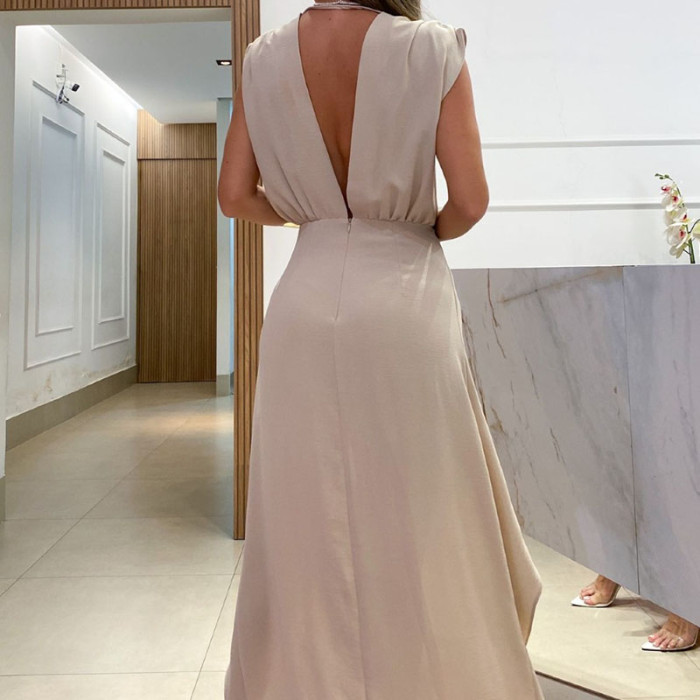 Sexy Sleeveless V Neck Clipped Ruffle Office Party Elegant Solid Color A-Line  Maxi Dress