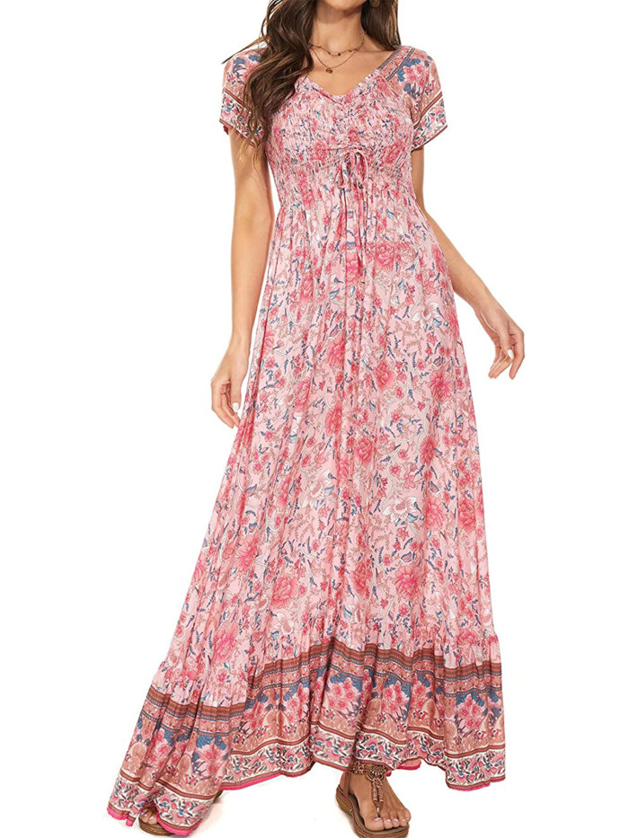 Women Bohemian Floral Print Short Sleeve Ruffle Beach Maxi Dress