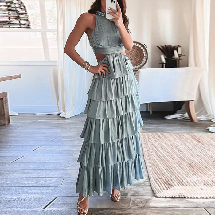 Sexy High Waist Sleeveless Bohemian Hollow Ruffle Cake Halter Neck  Maxi Dress