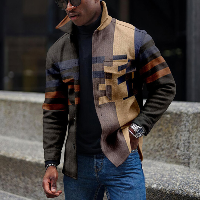 Men Fashion Striped Patchwork Casual Turn-down Collar Jackets Outerwear