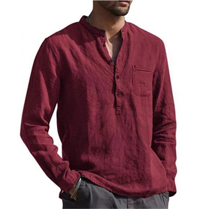 Men's Solid Color Casual Cotton Linen Long-Sleeved Shirts