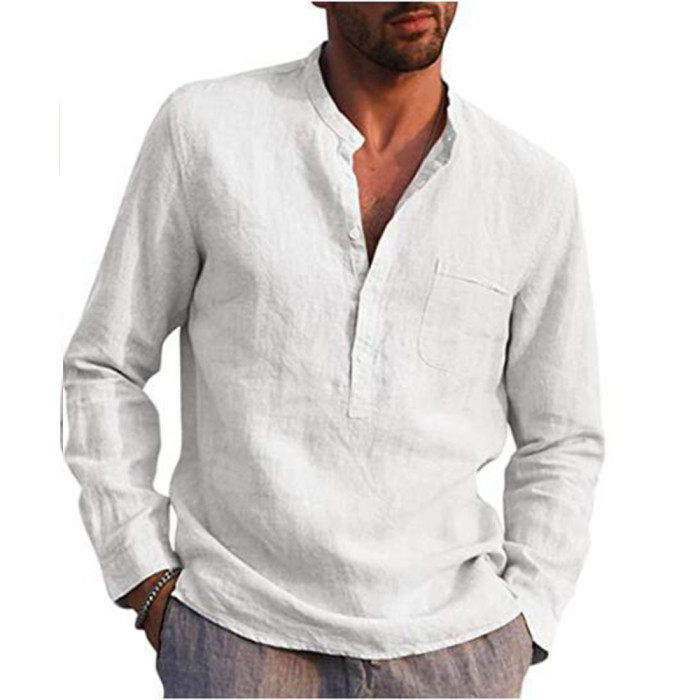 Men's Solid Color Casual Cotton Linen Long-Sleeved Shirts