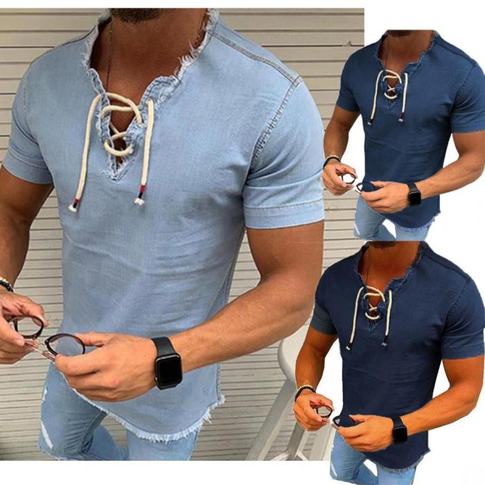 Oversized Men's Casual V Neck Tie Solid Color Short Sleeve Slim Top T-Shirt