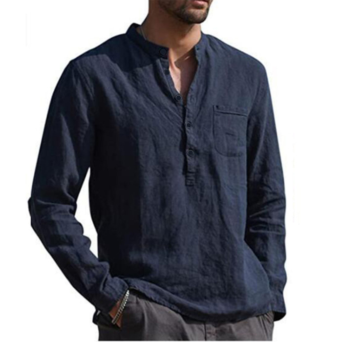 Men's Solid Color Casual Cotton Linen Long-Sleeved Shirts