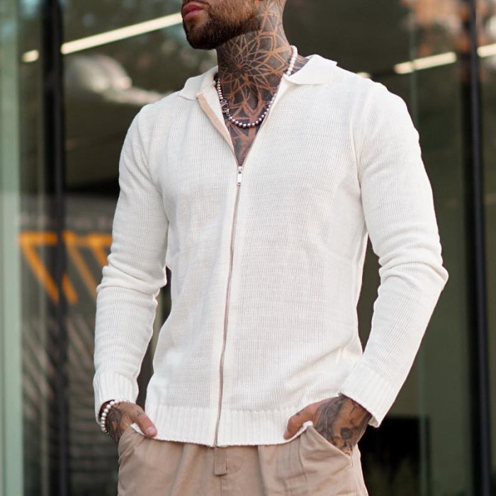 New Men's Plain Color Long-sleeved Casual Knit Cardigan