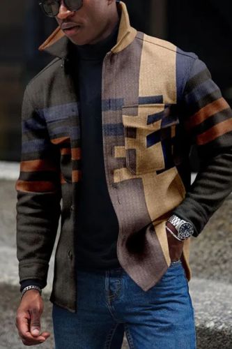 Men Fashion Striped Patchwork Casual Turn-down Collar Jackets Outerwear