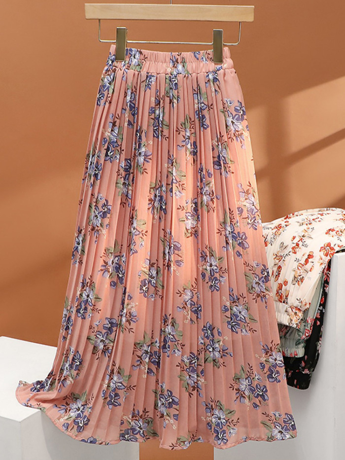 Fashion Pleated Summer Fashion Floral Elegant High Waist Skirt