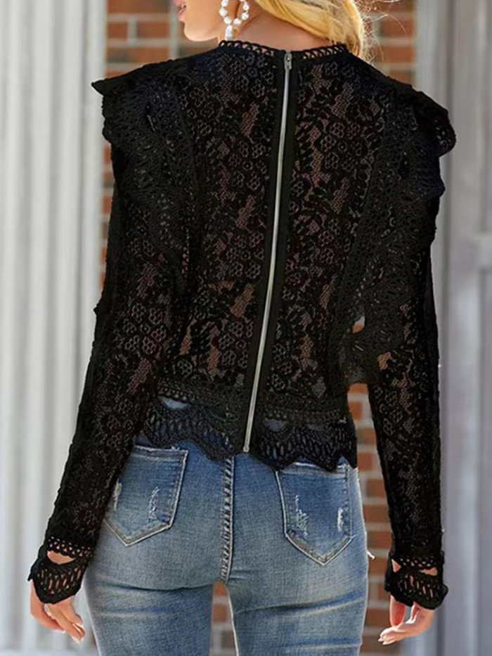 Women's Hollow Lace Summer Elegant Zipper Tops Casual Blouses