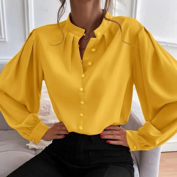 Long Sleeve Elegant Women's Fashion Retro Loose Solid Color Casual Blouses