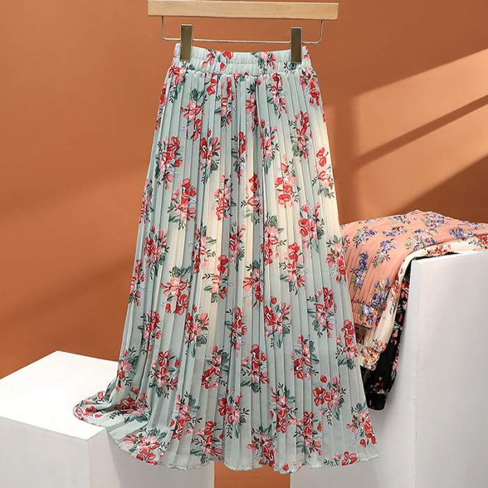 Fashion Pleated Summer Fashion Floral Elegant High Waist Skirt