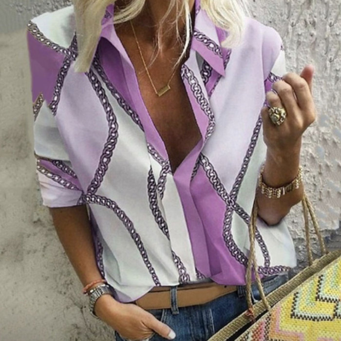 Women's Casual Long Sleeve Chain Print Office Lapel Elegant Blouse