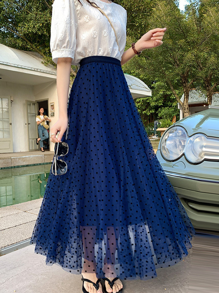 Elegant Polka Dot Printed Tulle Retro Mesh A-Line High Waist Mid  Skirts
