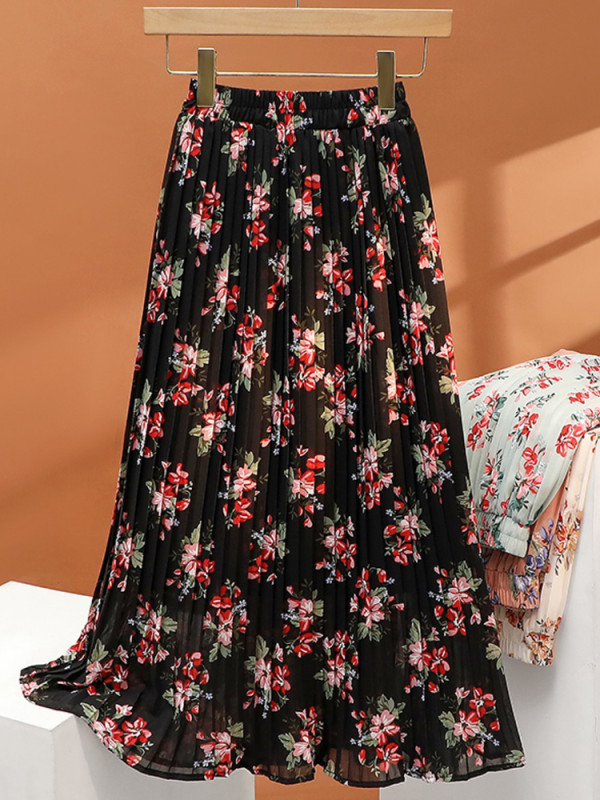 Fashion Pleated Summer Fashion Floral Elegant High Waist Skirt