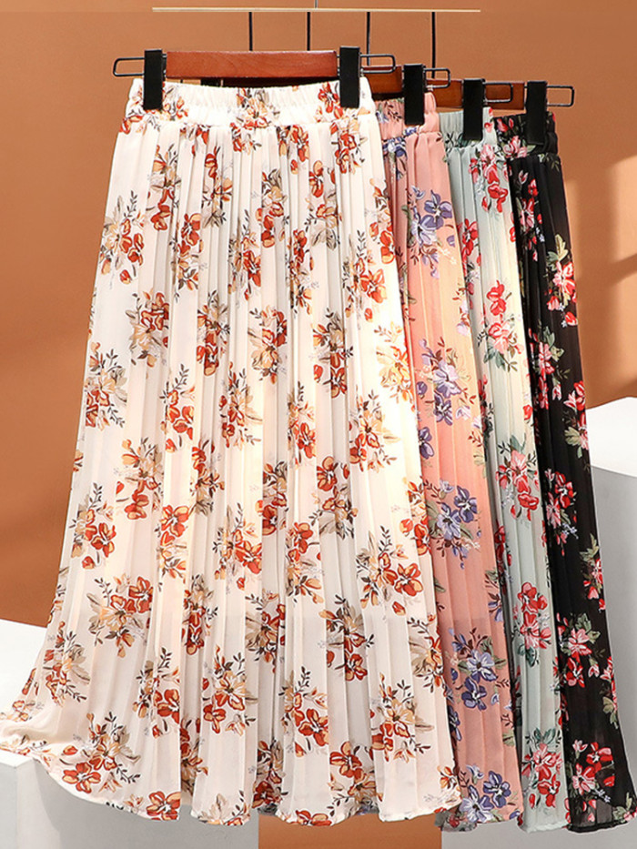 Fashion Pleated Summer Fashion Floral Elegant High Waist Skirt