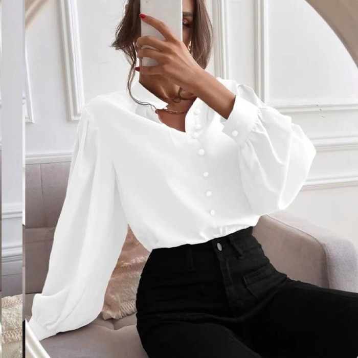 Long Sleeve Elegant Women's Fashion Retro Loose Solid Color Casual Blouses