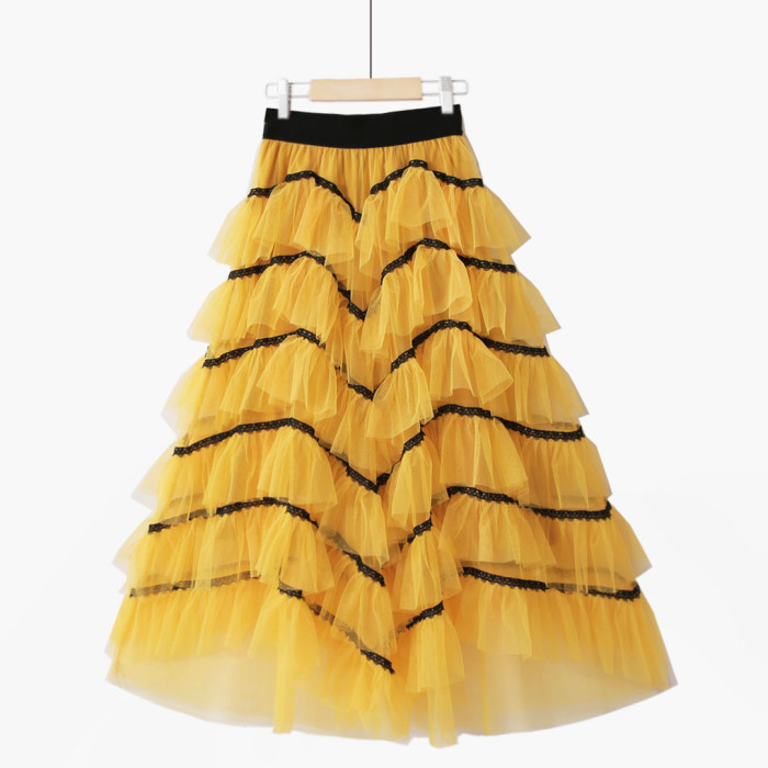 Women's Fashion Stitching Cake Prom Lace Irregular Mesh  Skirt