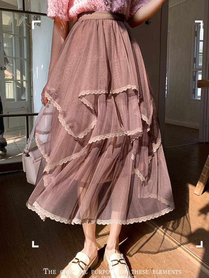 Women's Fashion Irregular Tulle Lace Layered High Waist Midi  Skirts
