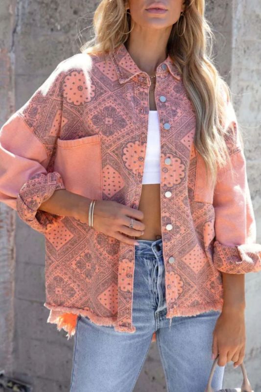 Printed Long Sleeve Fashion Casual Printed Loose Raw Edge Lapel Patchwork Denim Jacket