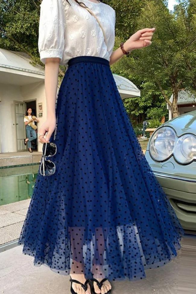 Elegant Polka Dot Printed Tulle Retro Mesh A-Line High Waist Mid  Skirts