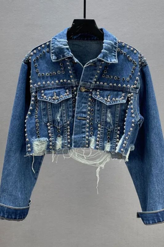 Women Fashion Streetwear Vintage Short Coats Blue Ripped Denim Jacket