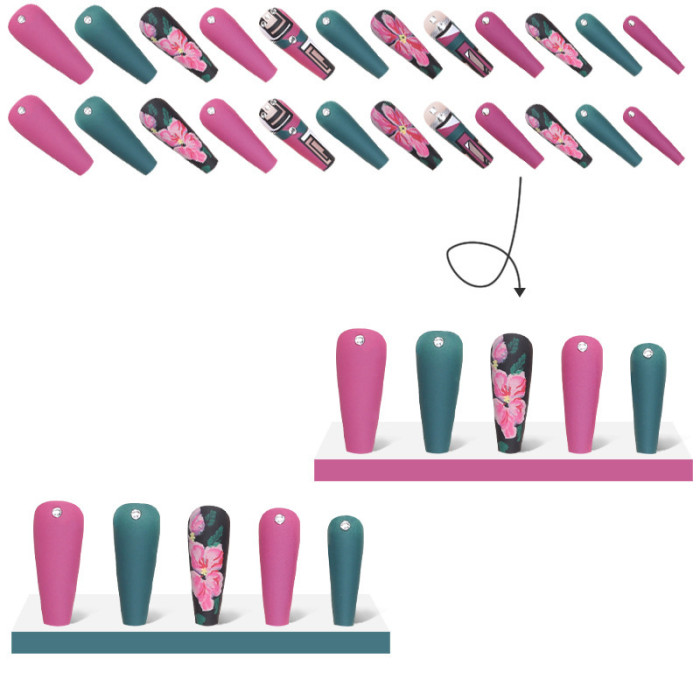 24PCS Fashion Cherry Blossom Geometric  Wearable Short Nail