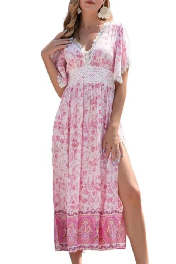 Women's Boho Swing Elegant Slit V Neck Lace Floral Party  Maxi Dress