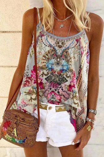 Ethnic Vintage Floral Print Cotton Top O Neck Sleeveless Boho Relaxed Loose Blouses