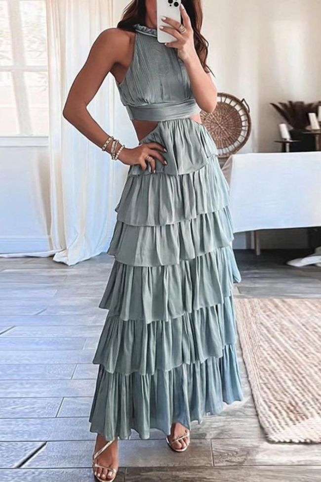 Sexy High Waist Sleeveless Bohemian Hollow Ruffle Cake Halter Neck  Maxi Dress