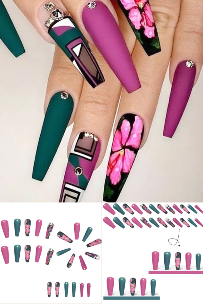 24PCS Fashion Cherry Blossom Geometric  Wearable Short Nail