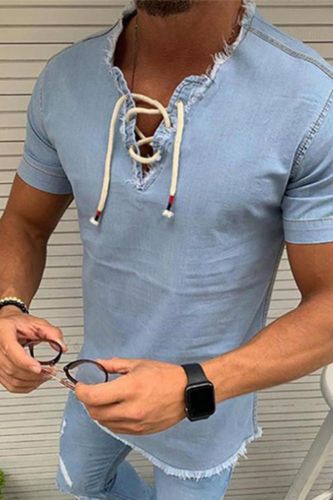 Oversized Men's Casual V Neck Tie Solid Color Short Sleeve Slim Top T-Shirt